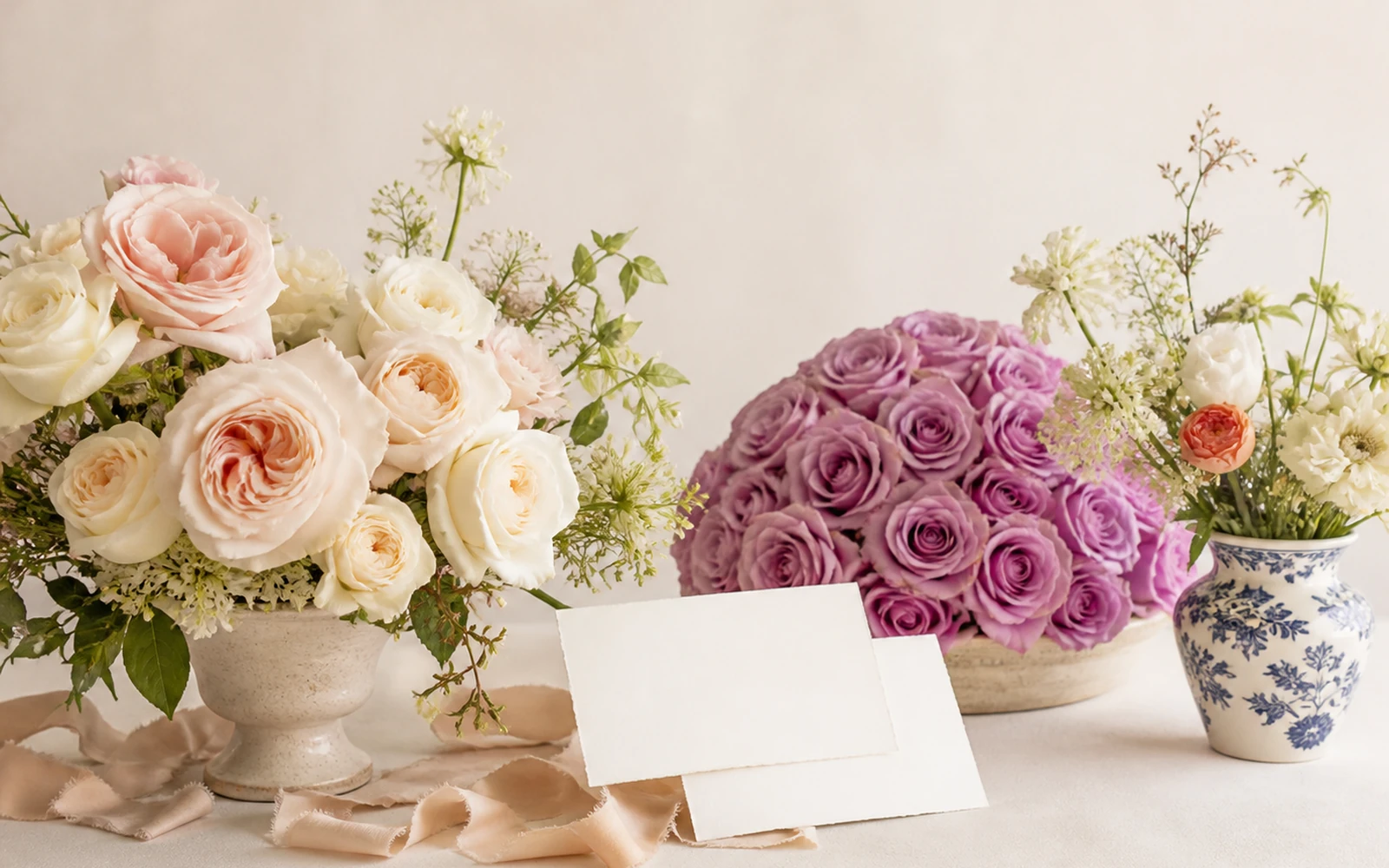 Blush garden roses, lavender roses, and a painterly blue-white vase beside blank cream cards.