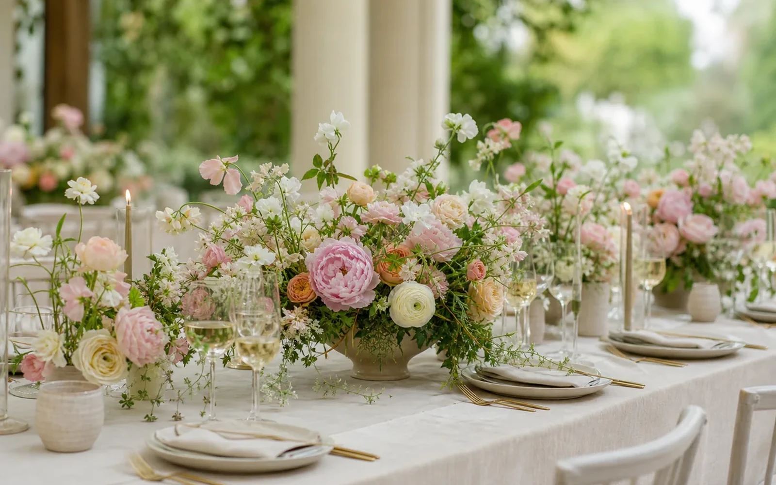 Blush and ivory wedding flowers arranged across a refined reception table.