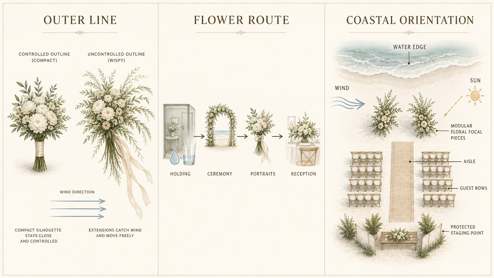 Three coastal wedding flower diagrams compare a controlled outer line, map the route from holding to reception, and orient a ceremony around water, wind, sun, and staging