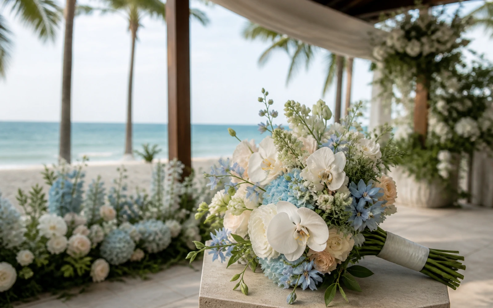 A secure hand-tied bridal bouquet and low ceremony flowers staged near a bright Miami waterfront.