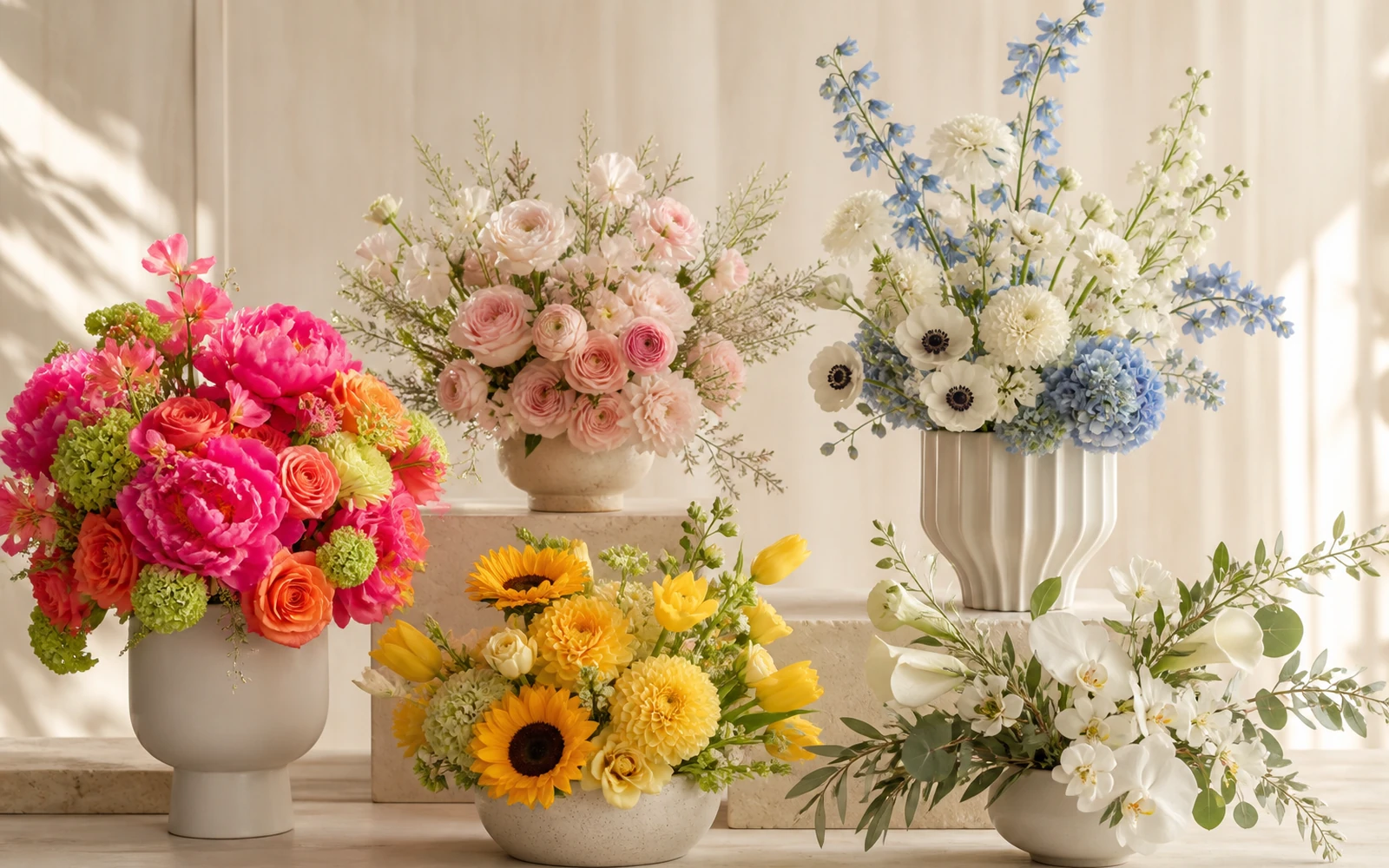 Five birthday bouquet directions ranging from vivid citrus color to calm ivory and green.