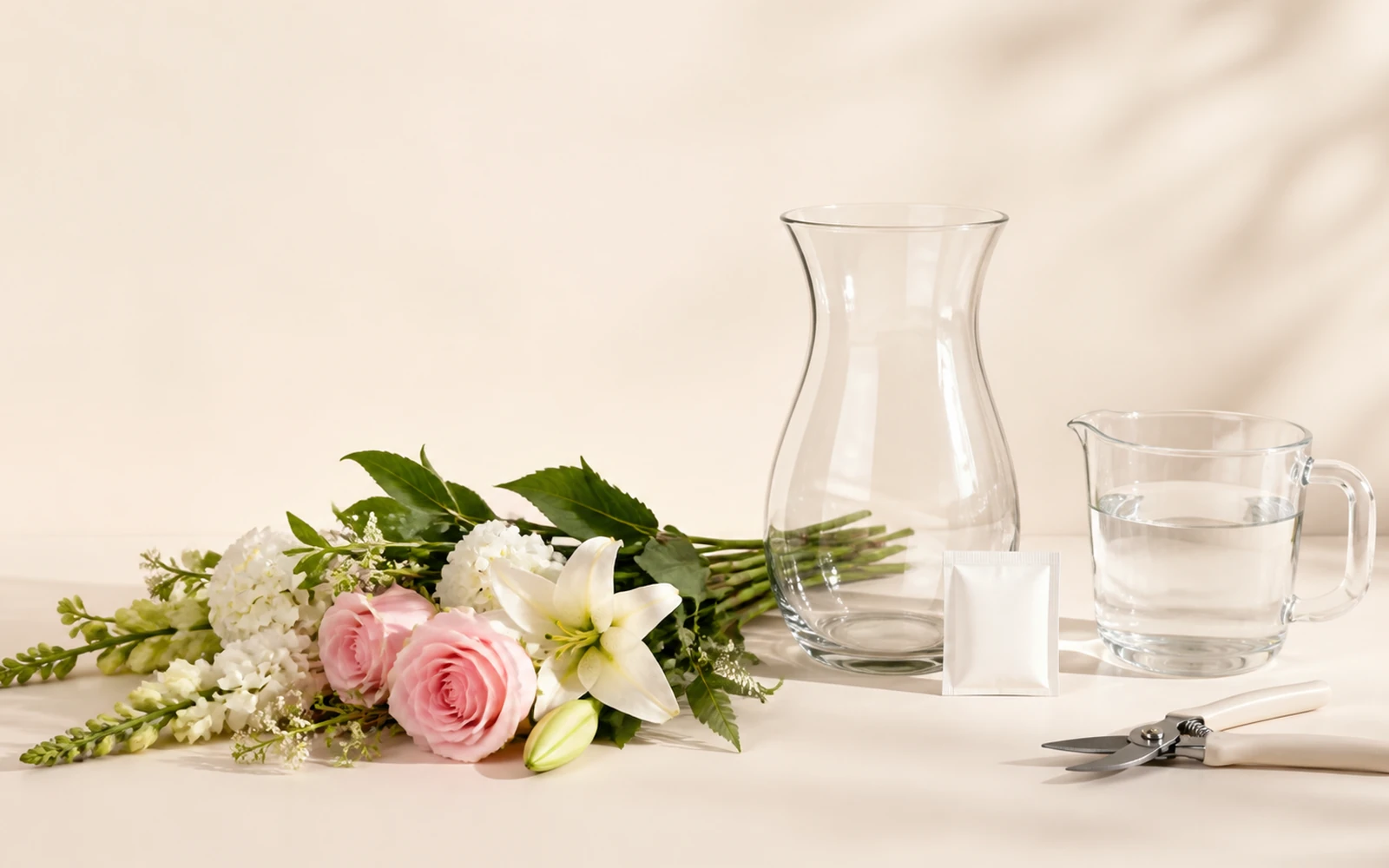A clear vase, measuring jug, flower-food packet, floral snips, and freshly cut mixed stems on an ivory surface.