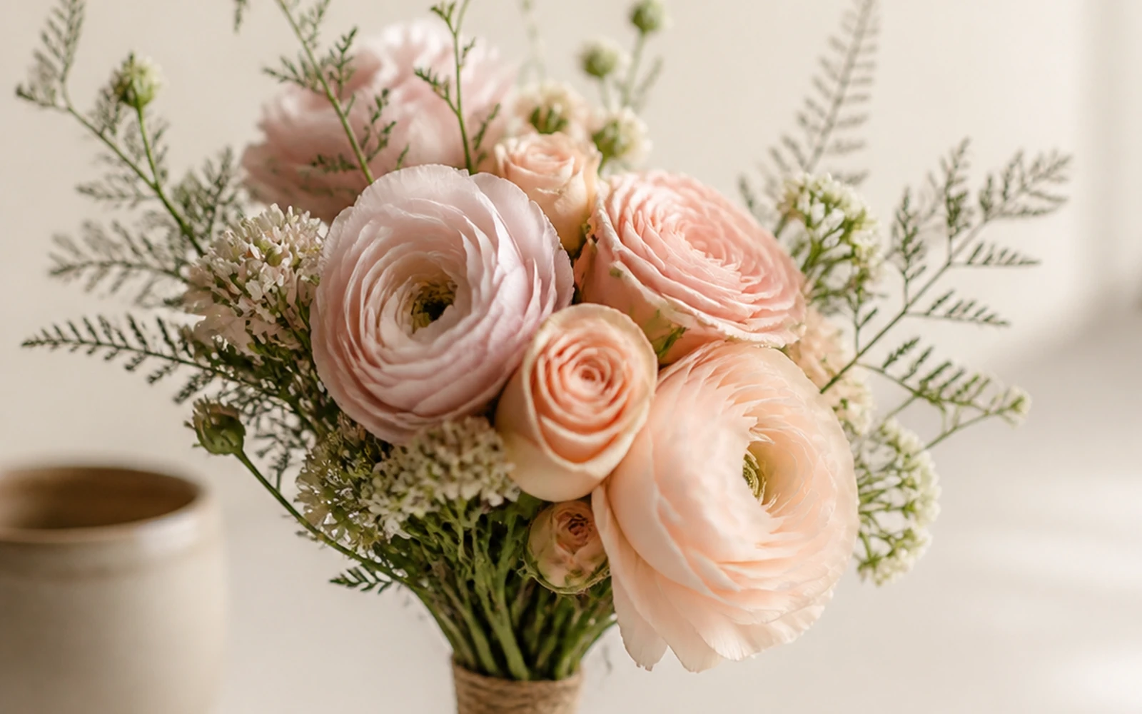 Petite blush and ivory posy shown at an intimate compact scale