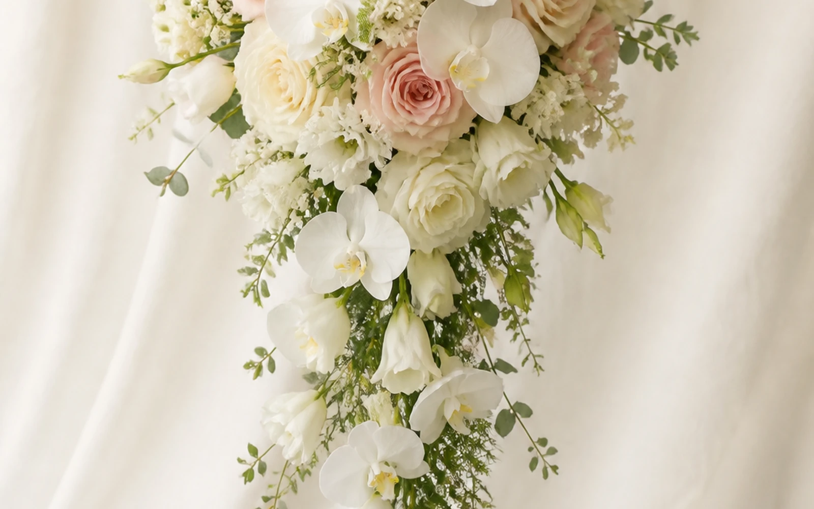 Cascading bouquet with a rounded top flowing into a tapered floral trail