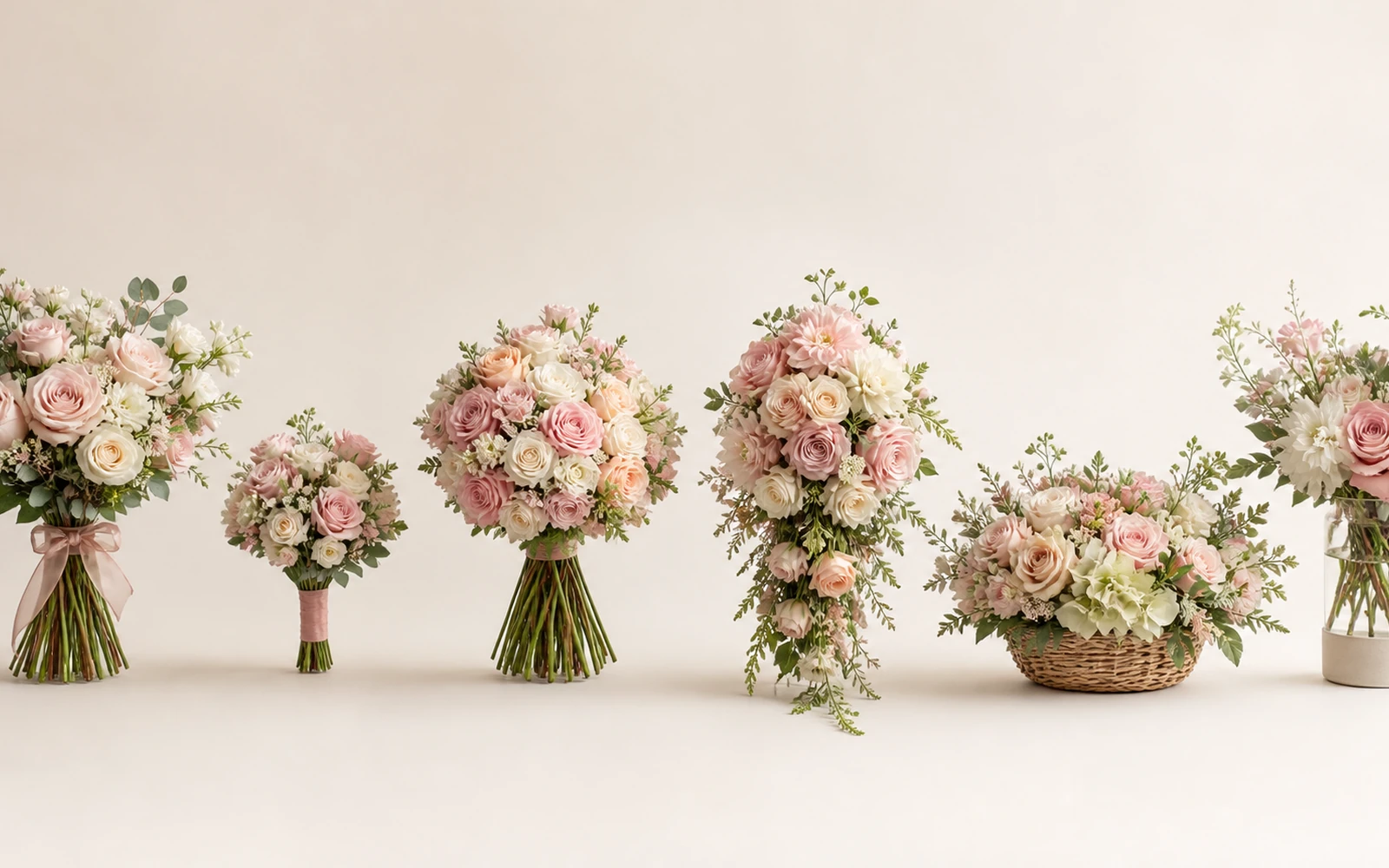 Hand-tied, posy, round, cascading, basket, and vase flower presentations compared at a consistent scale.