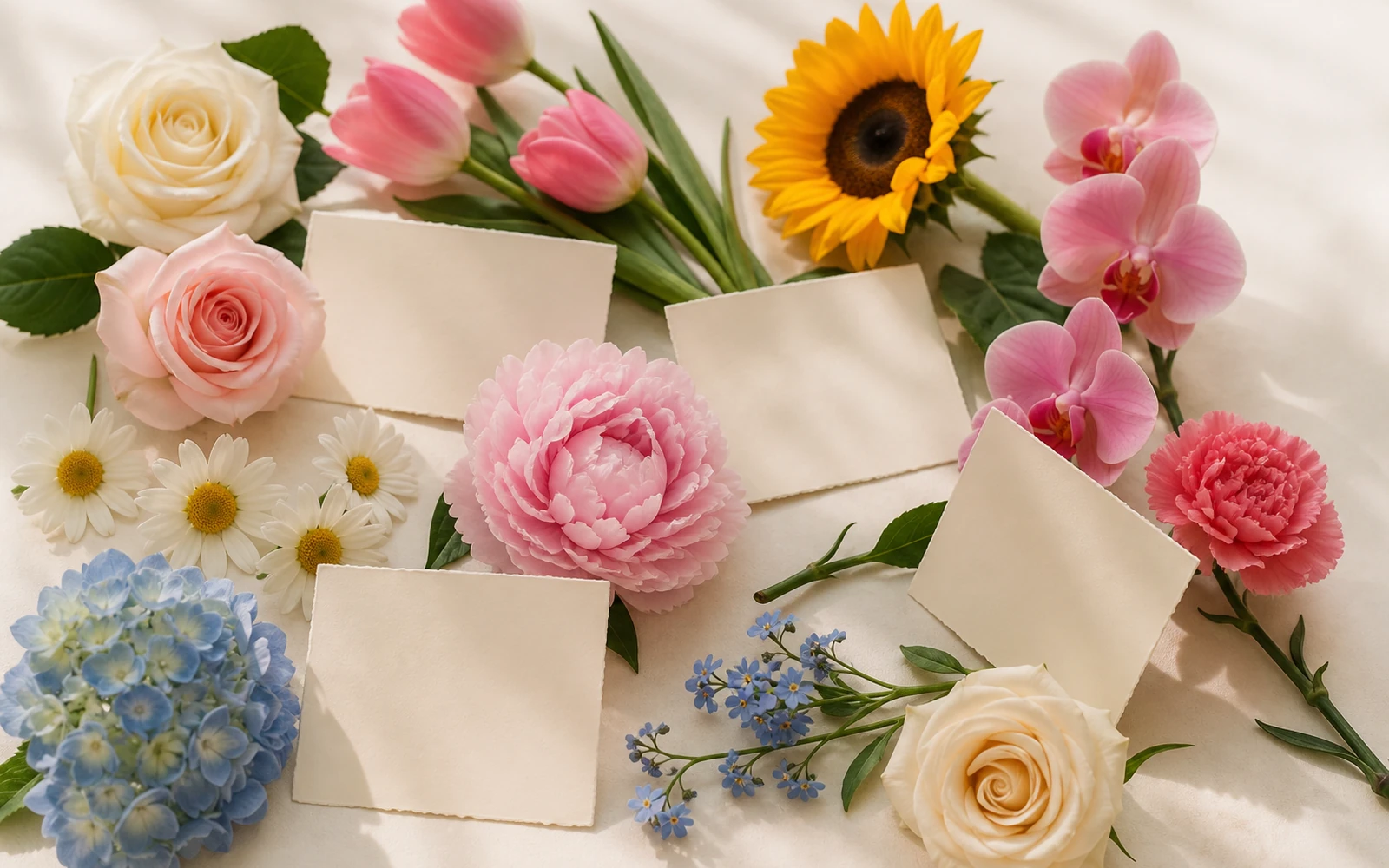 Recognizable roses, tulips, sunflower, orchid, daisy, carnation, hydrangea, peony, and forget-me-not accents with blank cards.