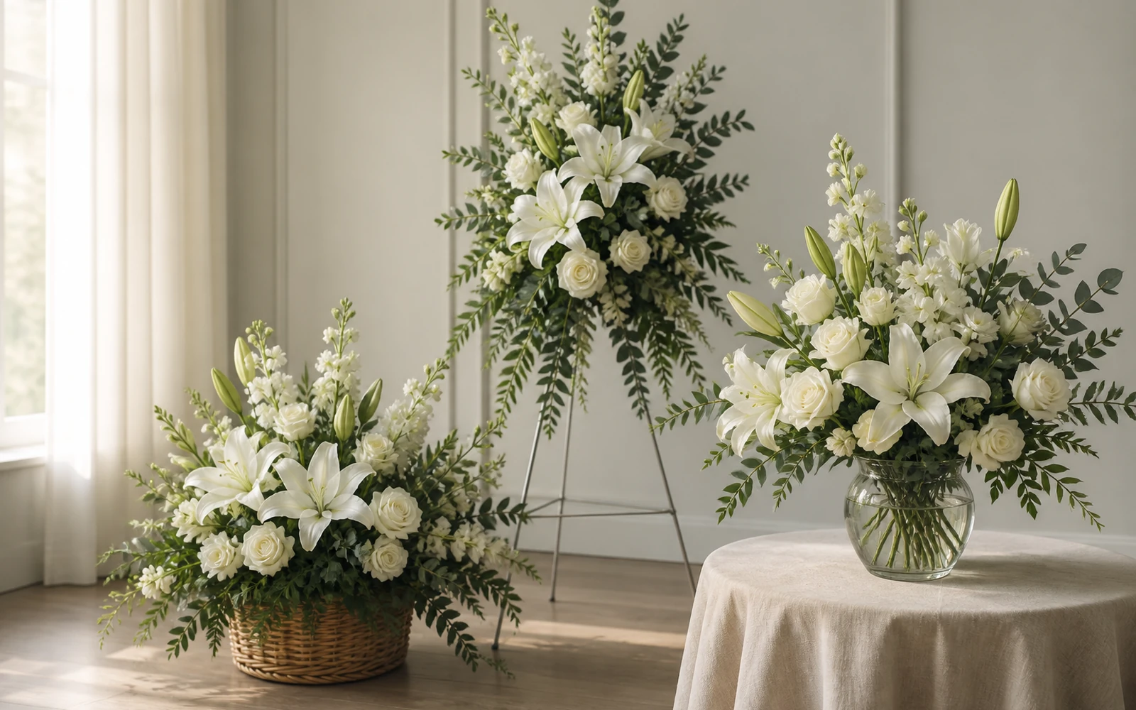Respectful white-and-green standing, basket, and vase arrangements in a quiet neutral setting.