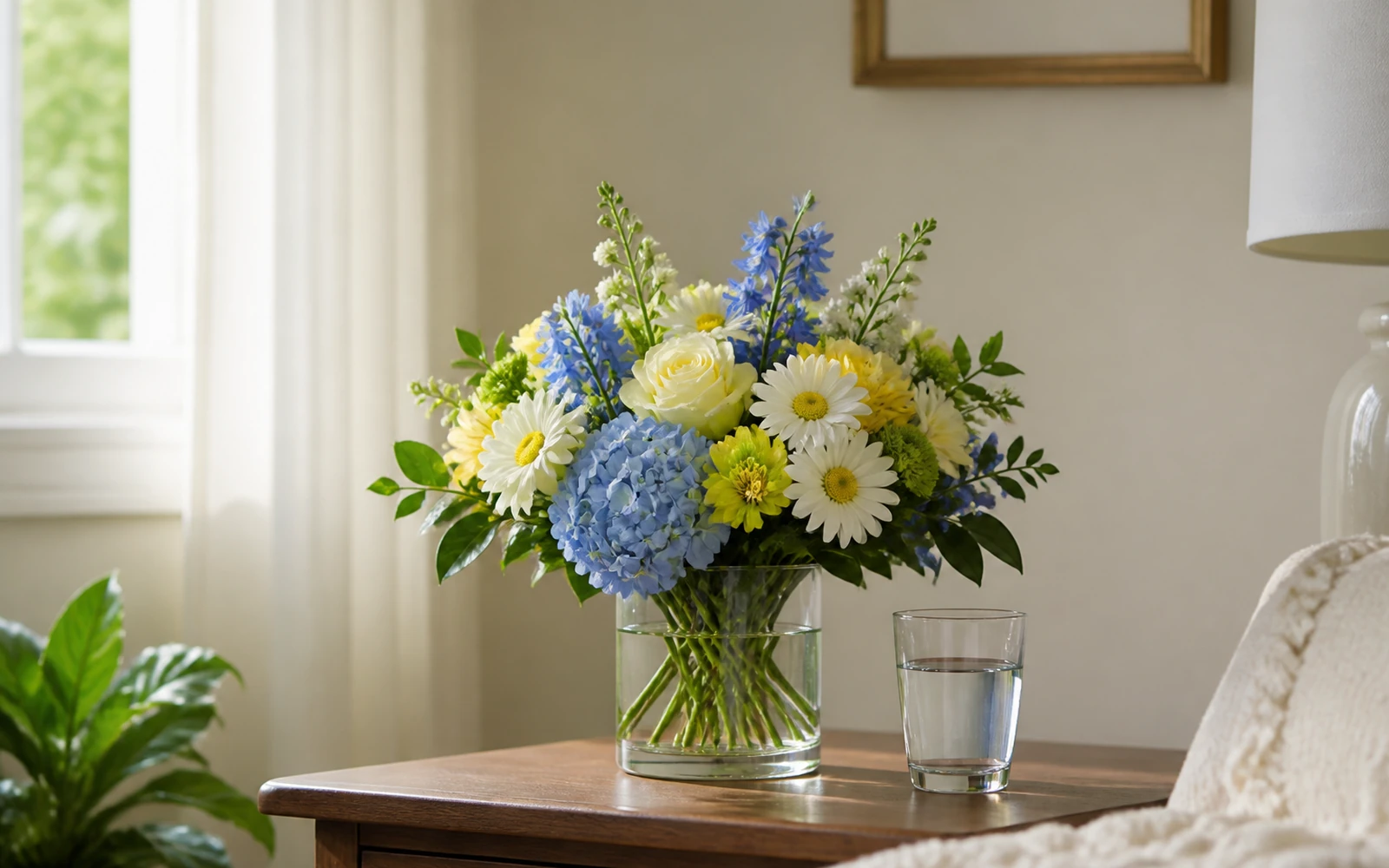 A compact blue, white, yellow, and green vase arrangement on a clear home side table.