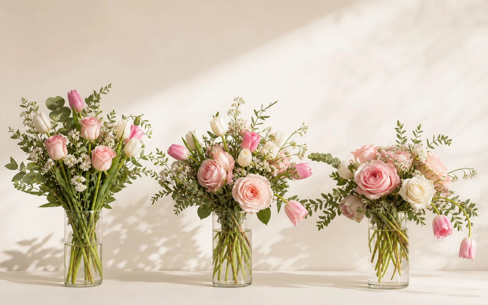 The same mixed bouquet shown fresh, naturally opening, and gracefully finishing in three clear vases.