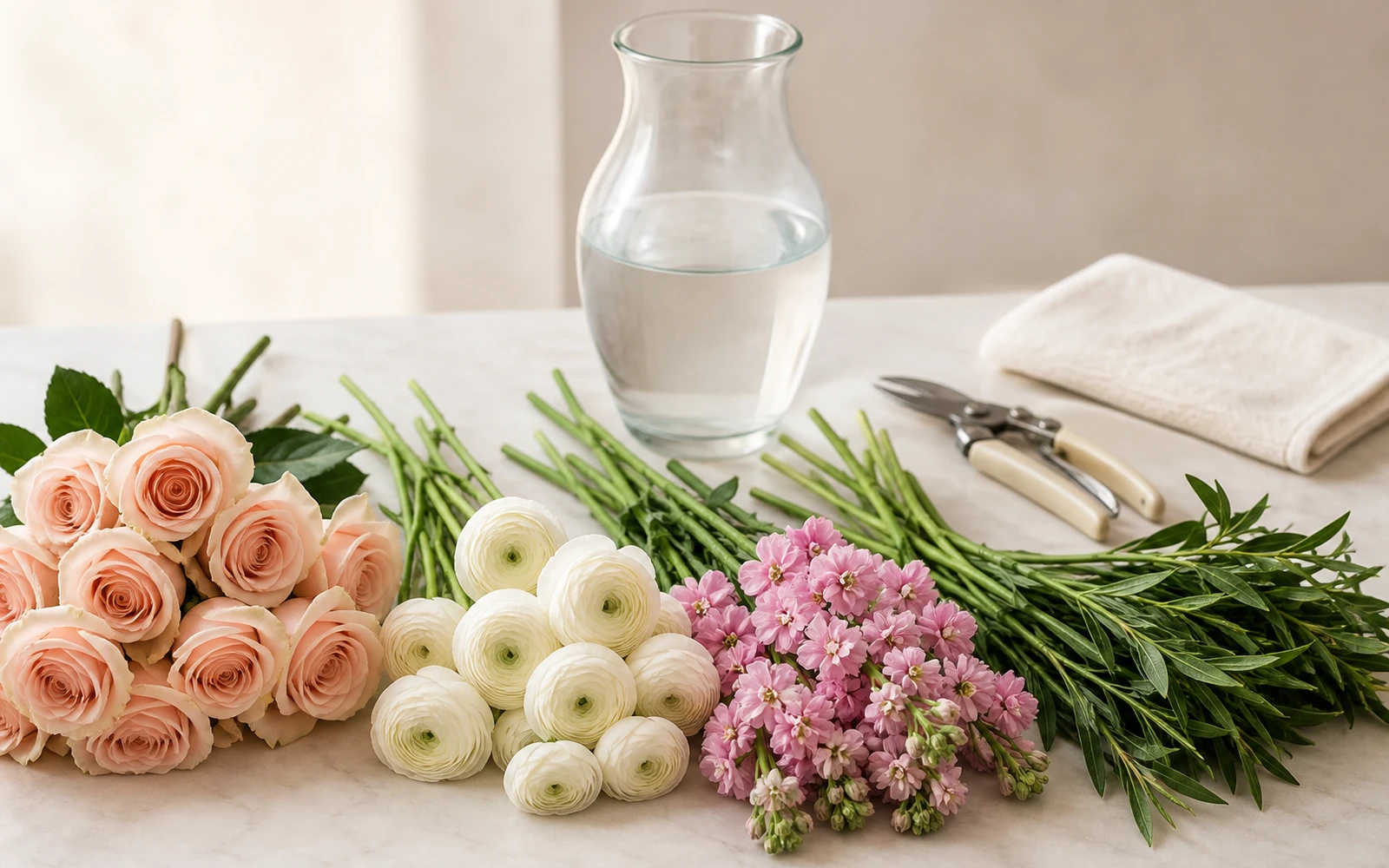 Clean vase, prepared water, floral snips, towel, and sorted stems on a worktable