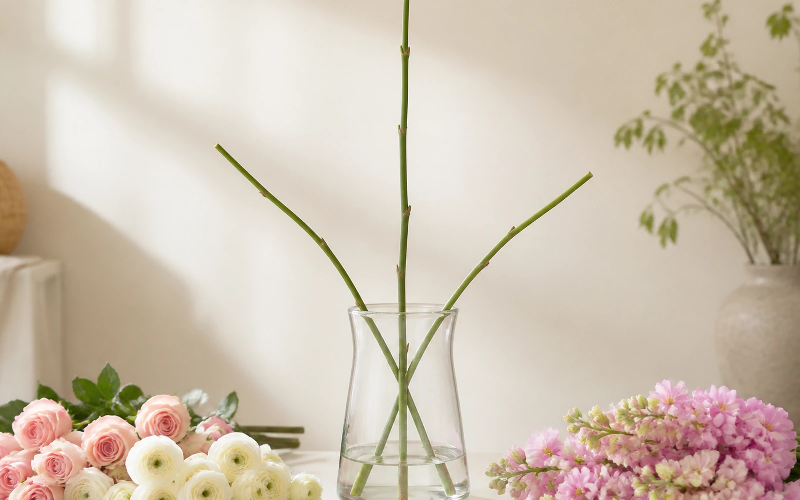 Three guide stems establish height and left-right reach in a clear vase