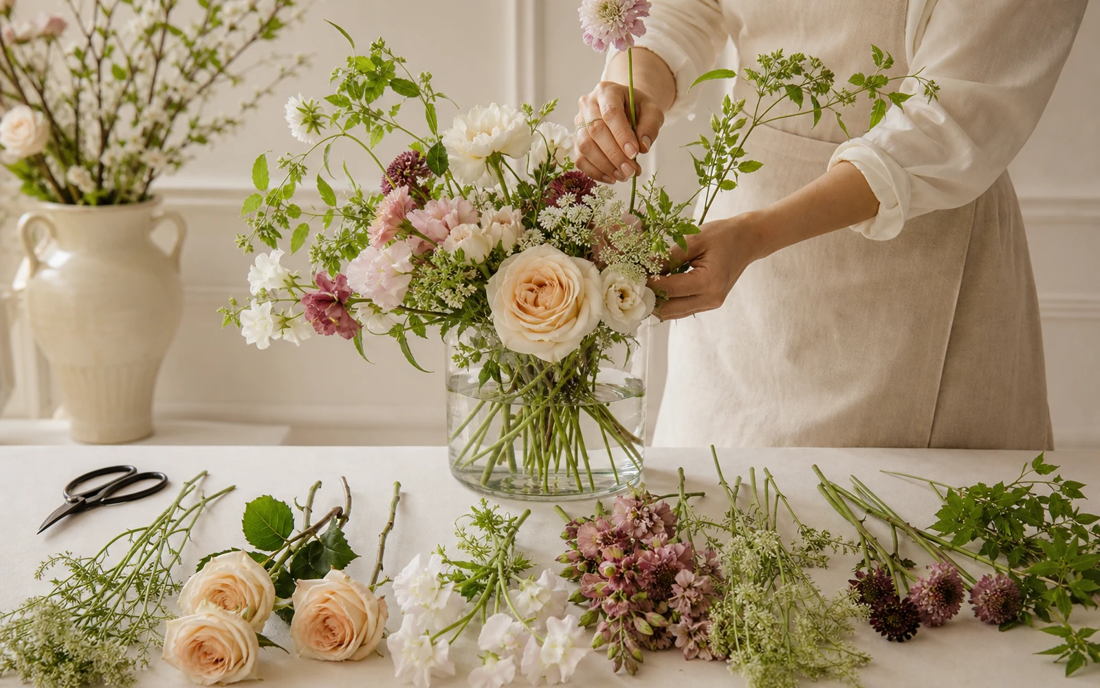 A florist’s hands building an airy mixed arrangement with guide stems, focal blooms, a clear vase, and clean tools.