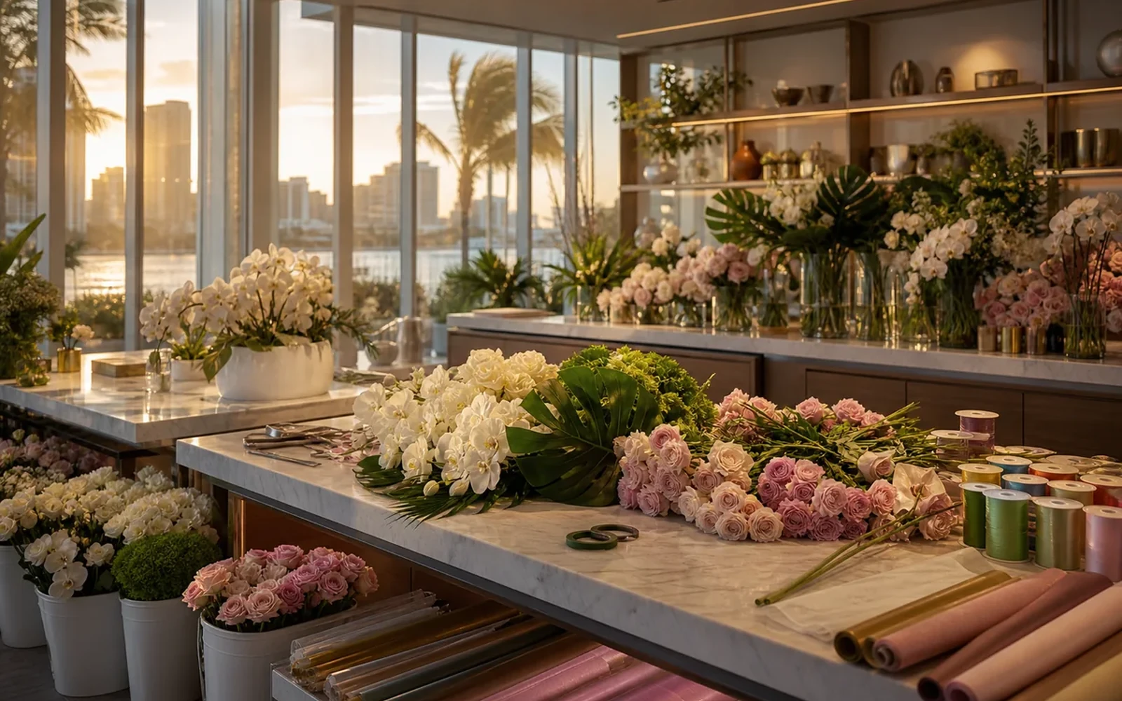 A flower-filled Miami atelier worktable prepared for design and consultation.