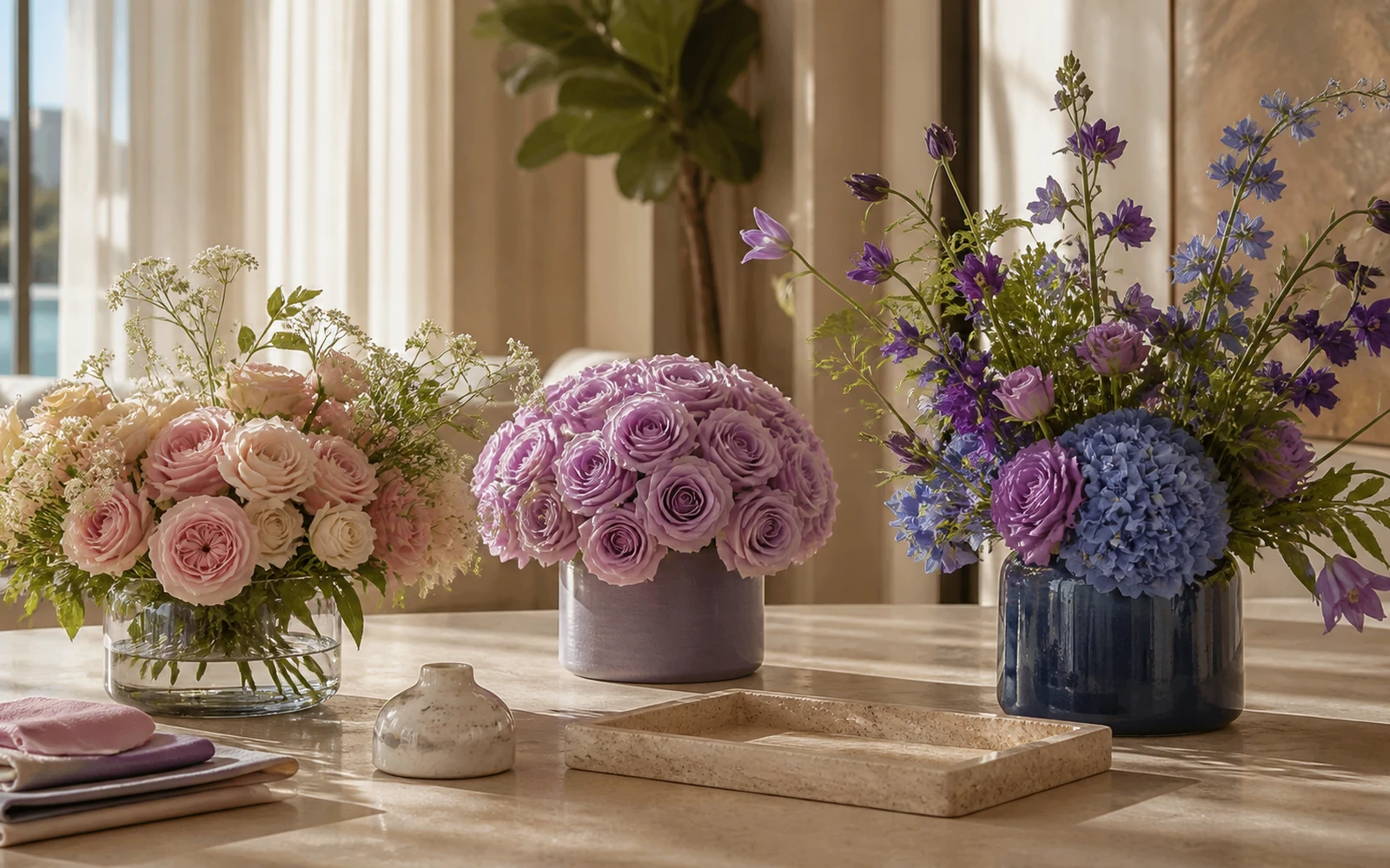 Three bouquet directions beside fabric and ceramic details in a refined home interior.