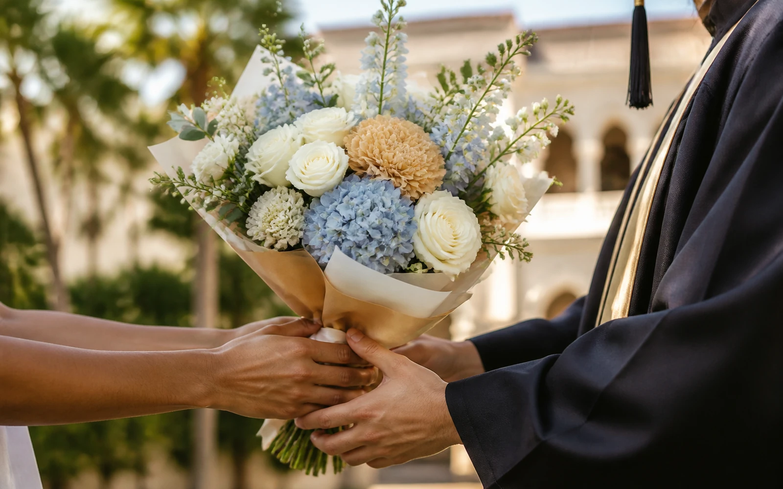 Compact graduation bouquet being handed to a graduate before the day begins