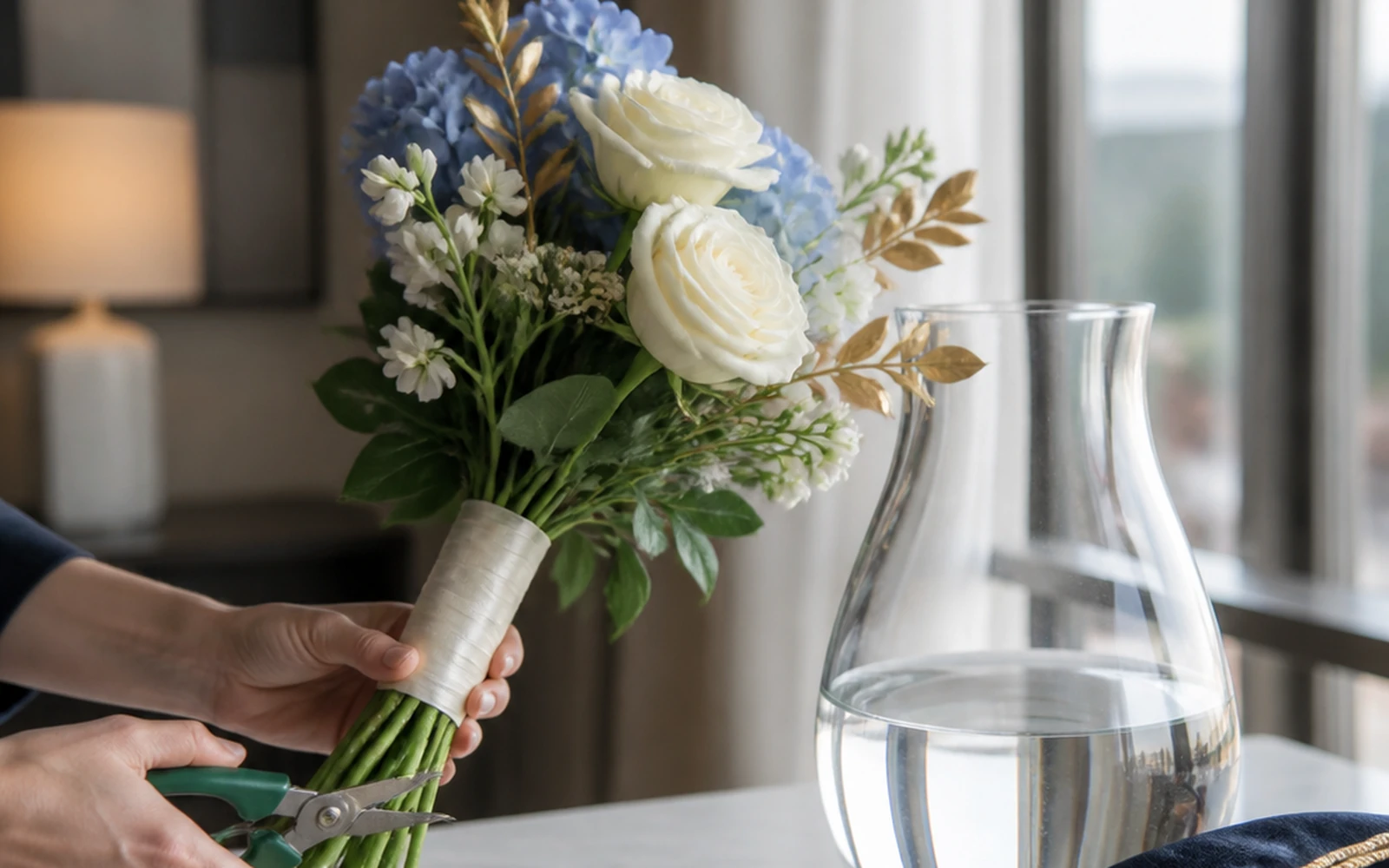Graduation bouquet receiving a fresh stem trim beside a clean vase of water