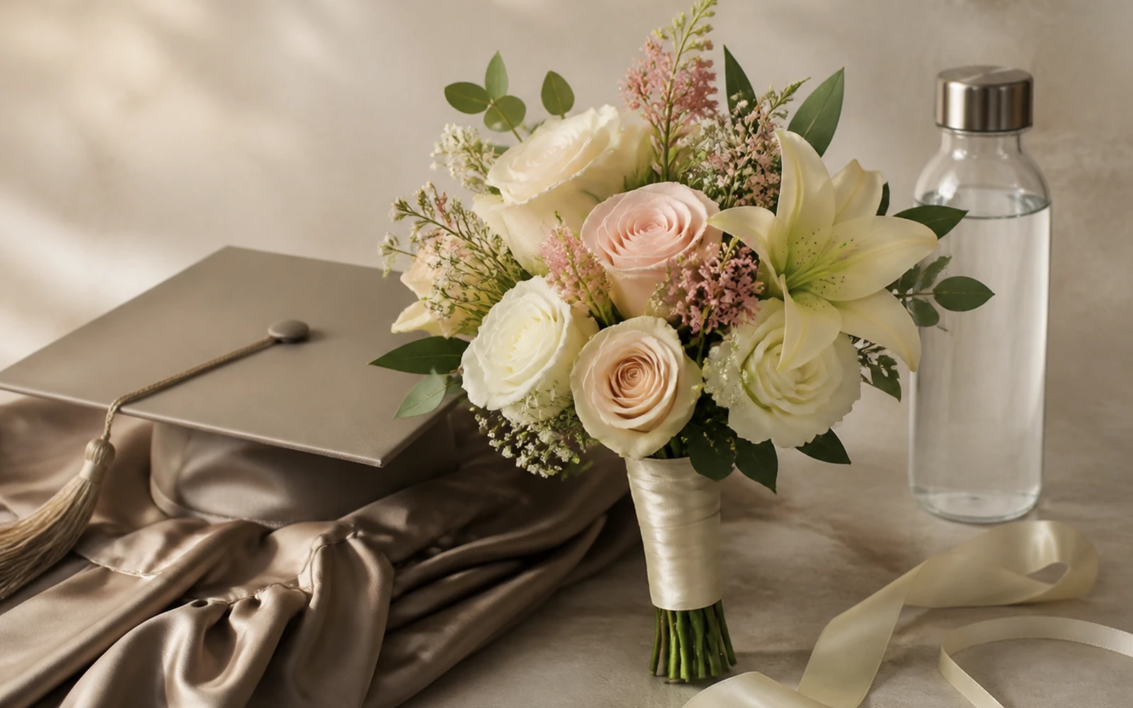 A compact graduation bouquet beside a neutral cap, folded gown fabric, ribbon, and water vessel.