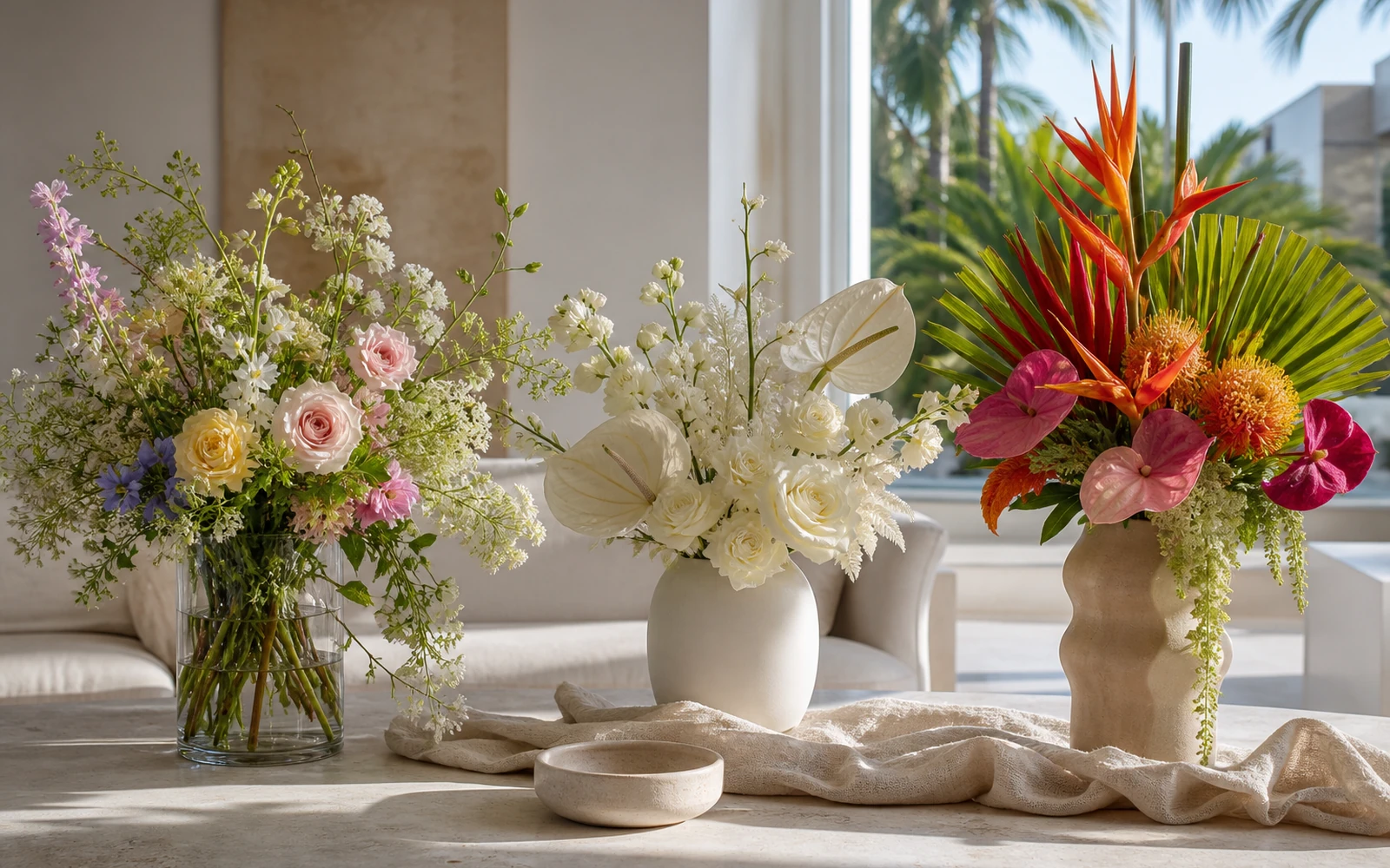 Airy garden, tailored monochrome, and colorful sculptural arrangements in a bright home setting.