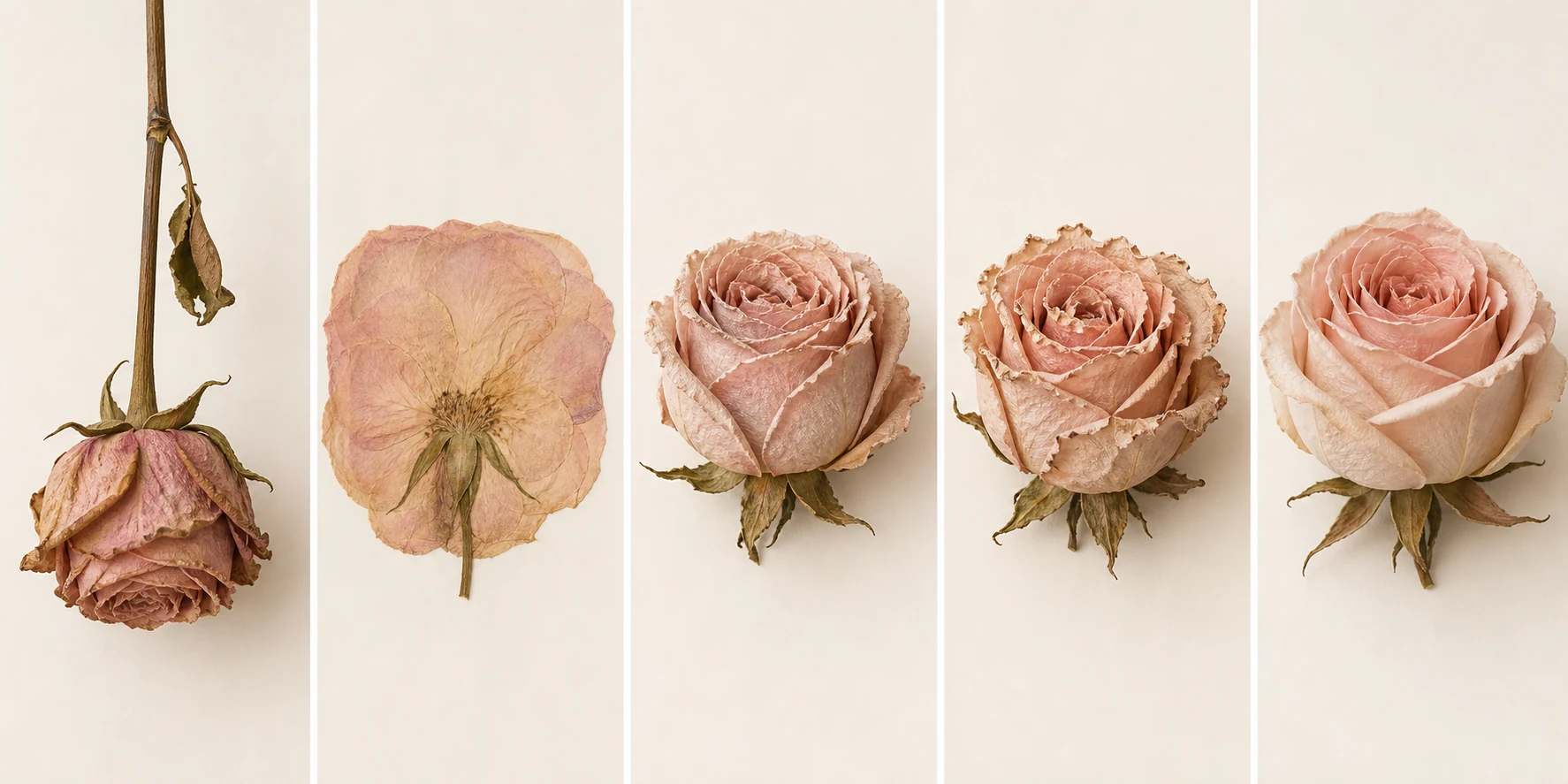 The same blush rose after five flower-drying methods
