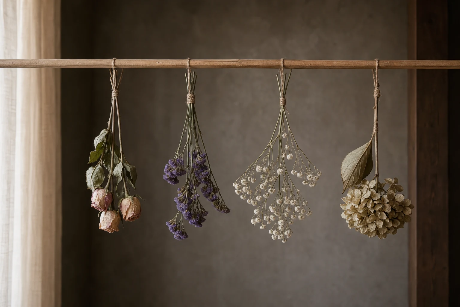 Small flower bunches hanging upside down with space for airflow