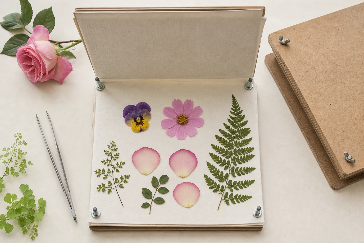 Flat flowers and petals arranged separately inside a flower press