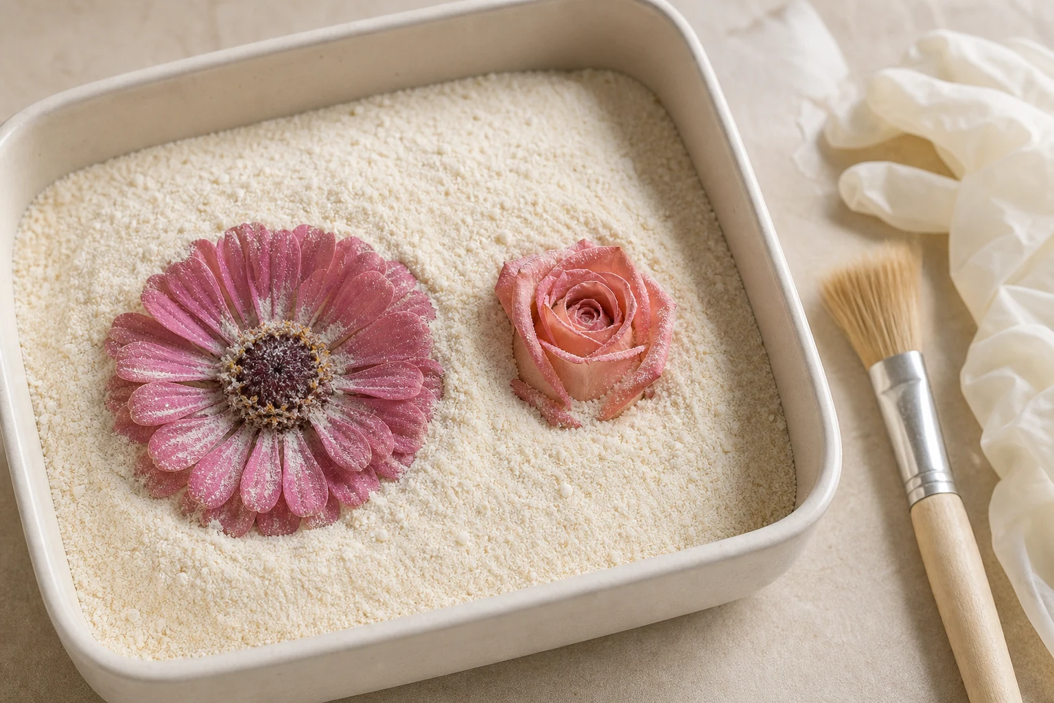 Flower heads supported inside a granular borax-and-cornmeal mixture
