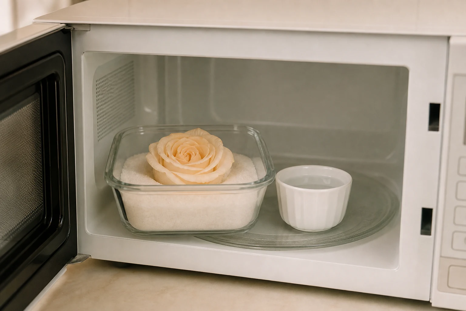 Practice rose supported in silica gel beside a cup of water in a microwave