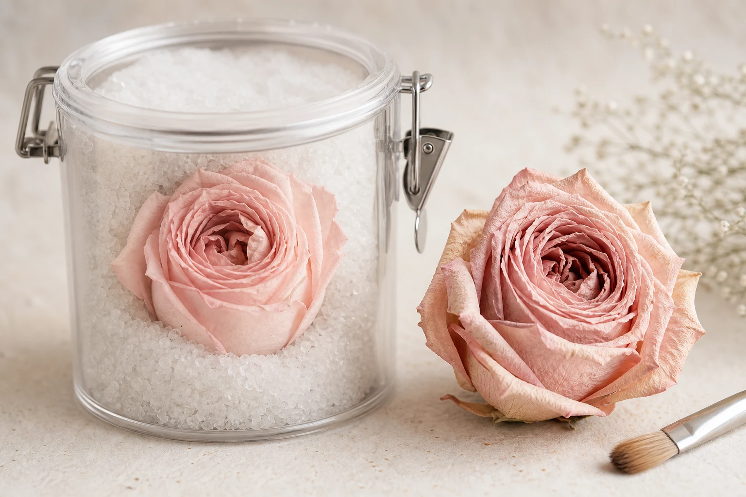 A rose supported in silica gel beside the finished dimensional dried bloom