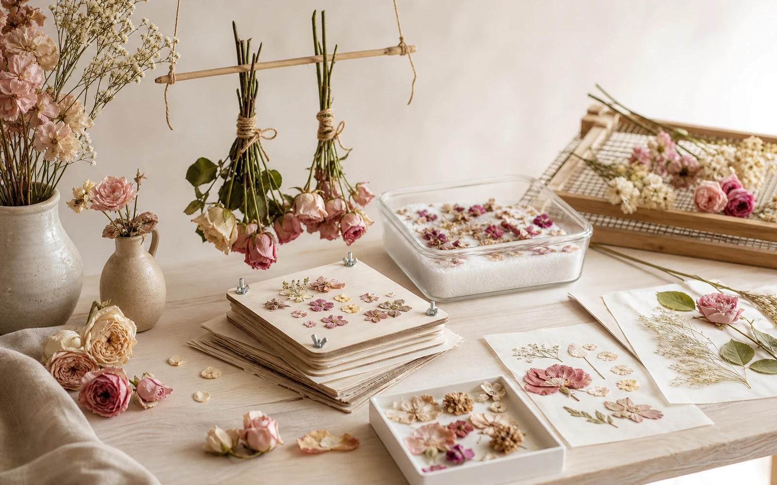 Fresh and dried flowers arranged beside pressing paper and silica-gel drying materials on a florist worktable.
