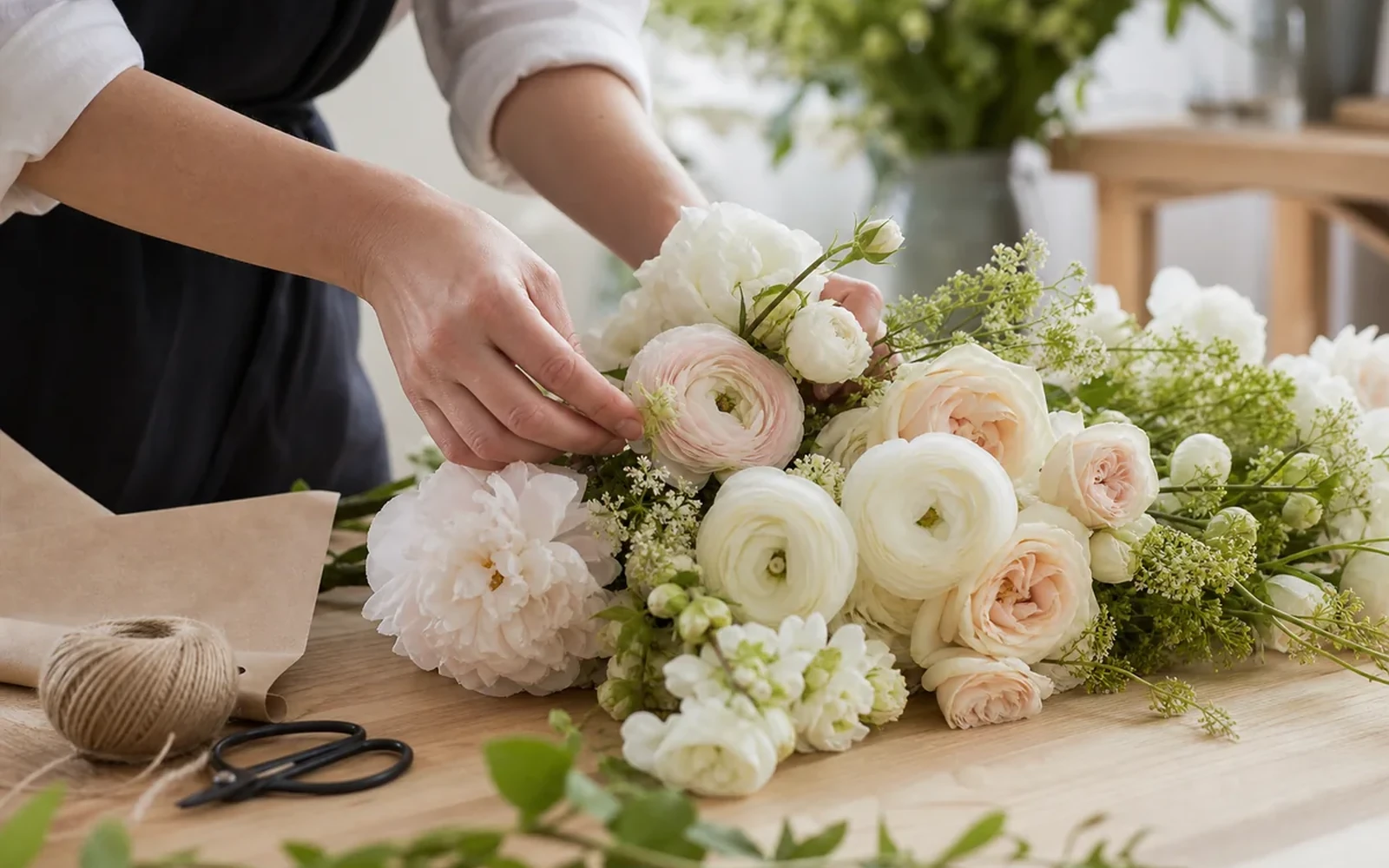 A florist arranging white and blush flowers beside clean tools on a bright worktable.
