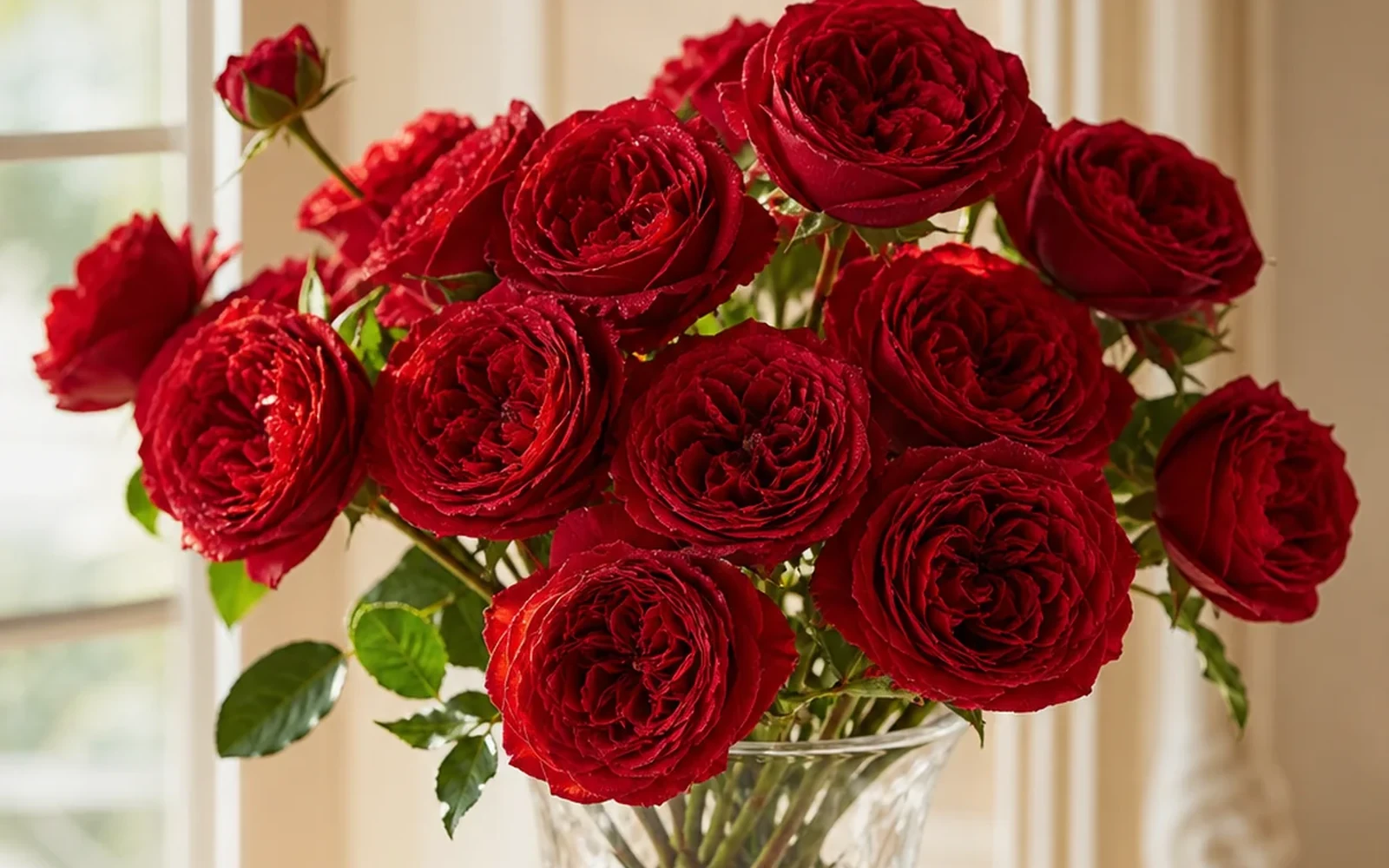 A full arrangement of deep red garden roses in a clear glass vase beside a sunlit window.