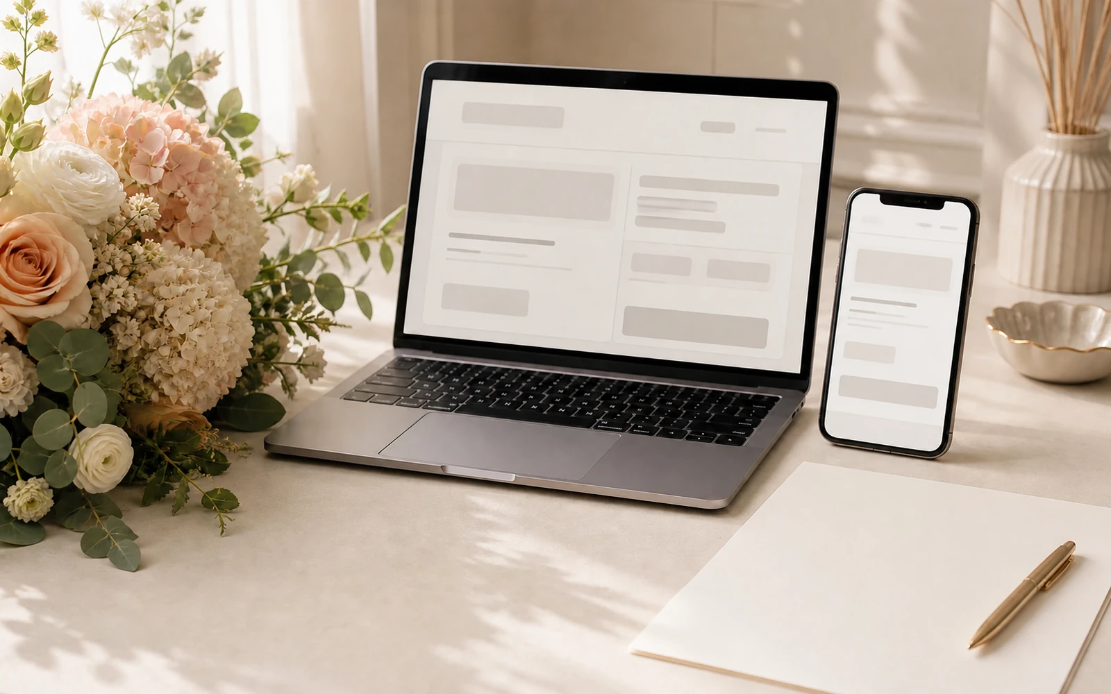 A bouquet beside a laptop, phone, blank cream note sheet, and pen on an ivory desk.