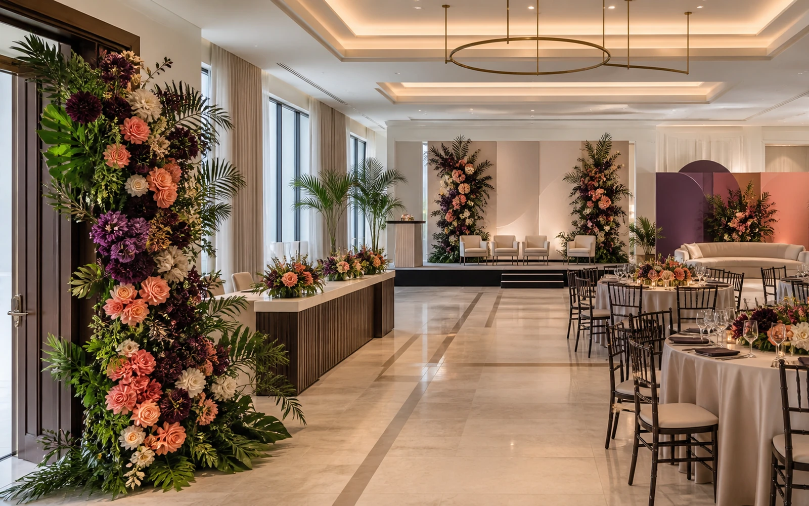 A modern event room with coordinated flowers at the entrance, registration, stage, dinner tables, and photo area.