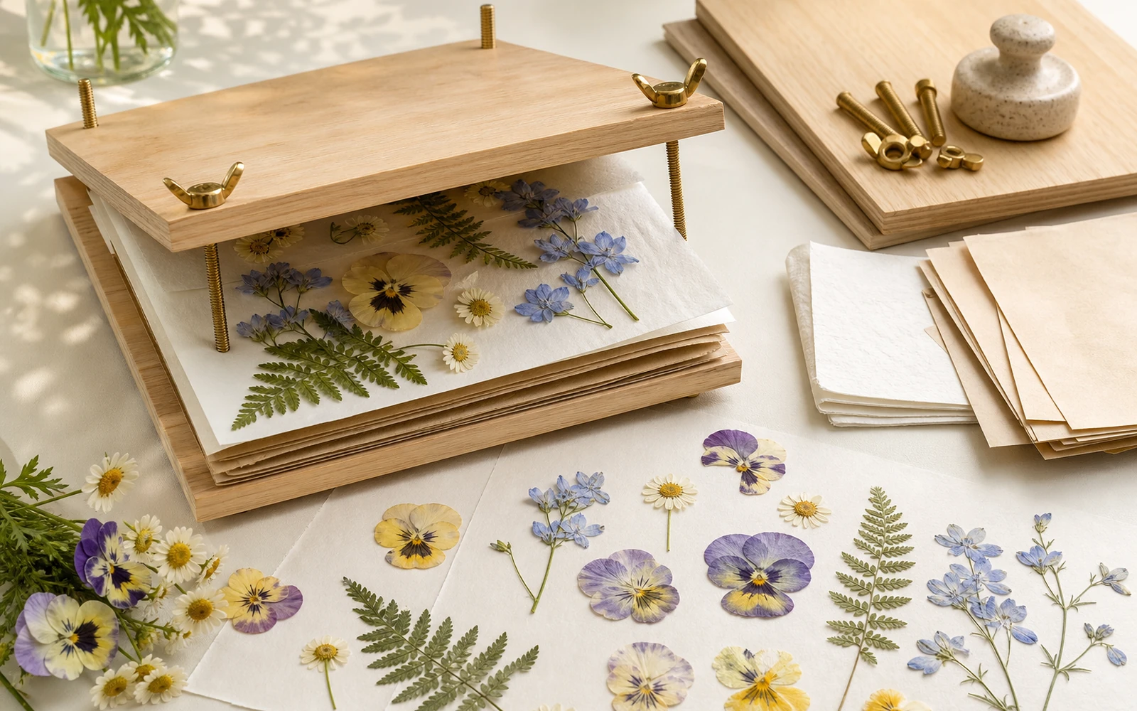 Fresh flowers arranged inside an open flower press beside finished flat pressed specimens.