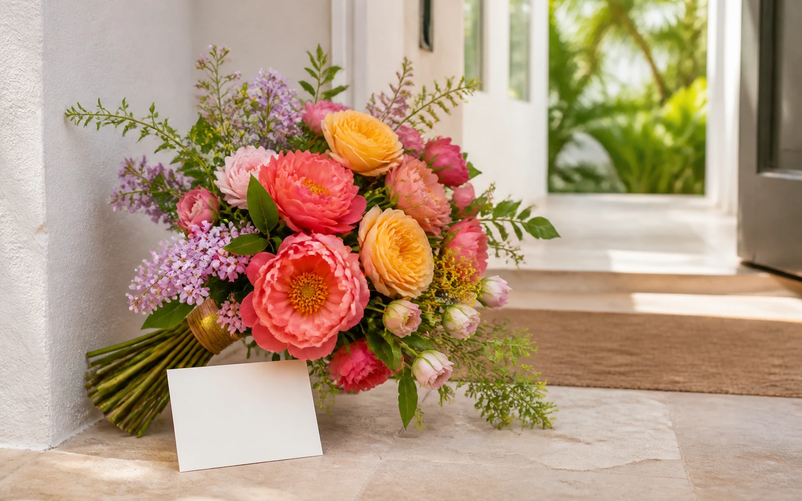 A joyful coral, pink, yellow, and lavender hand-tied bouquet at a bright home entry.