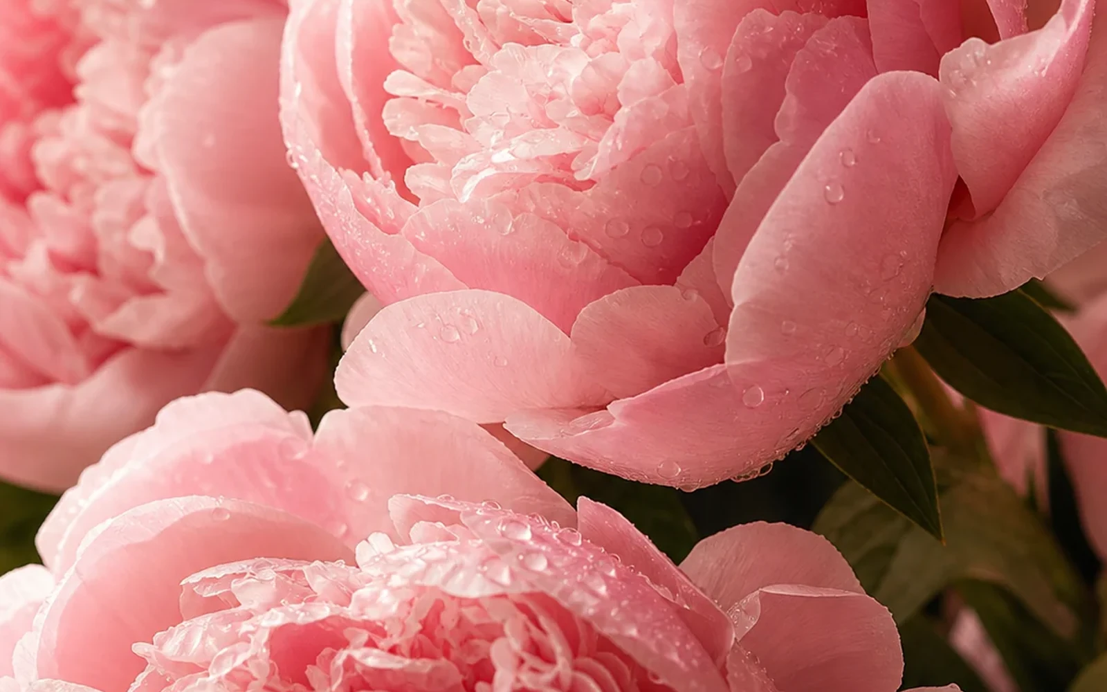 Close-up of soft pink peonies at several natural stages of opening.
