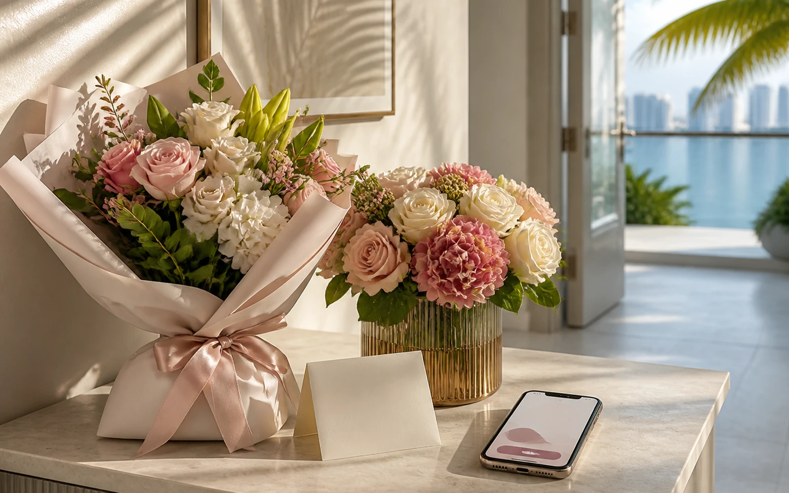 A wrapped bouquet and compact vase beside a phone and blank recipient note near a bright Miami entry.