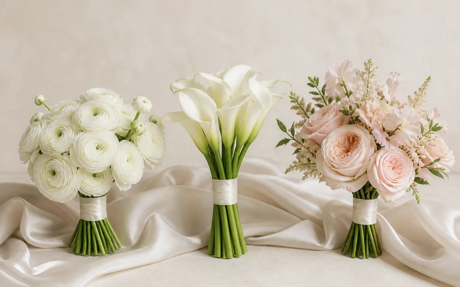 Three intentionally petite bridal bouquets in ranunculus, calla lilies, and blush garden flowers.