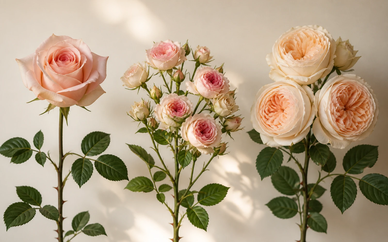 Standard, spray, and garden-style roses arranged side by side to show their distinct bloom structures.