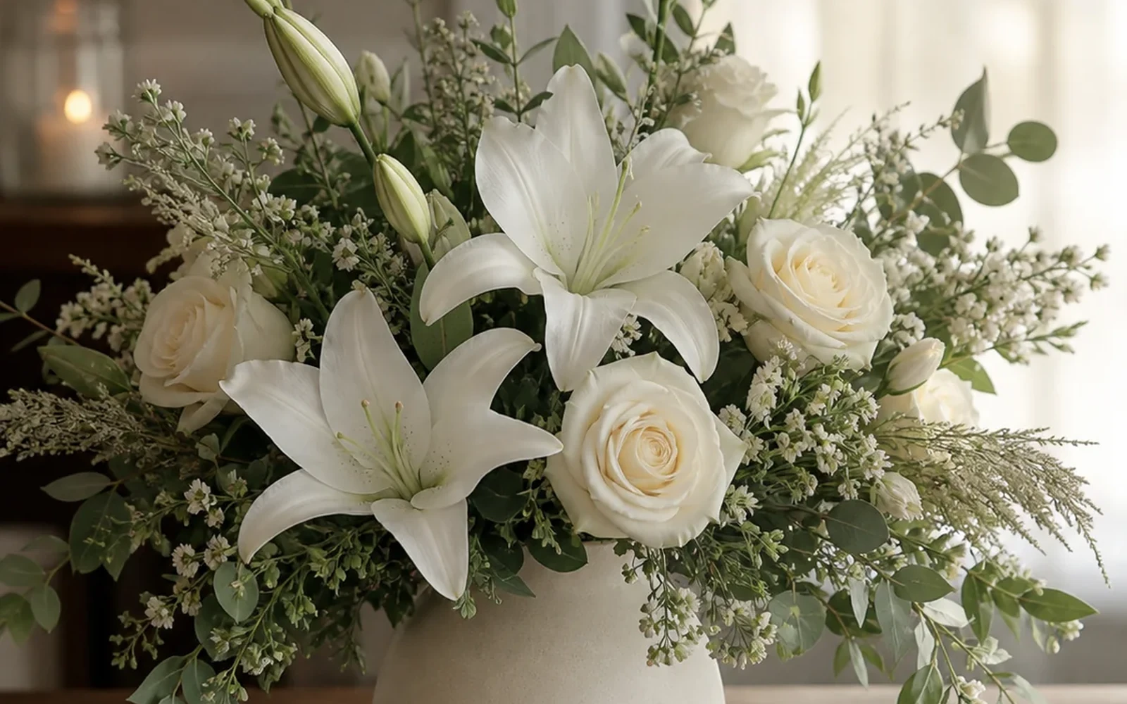 White lilies and roses with fresh foliage in a calm ready-to-display vase arrangement.