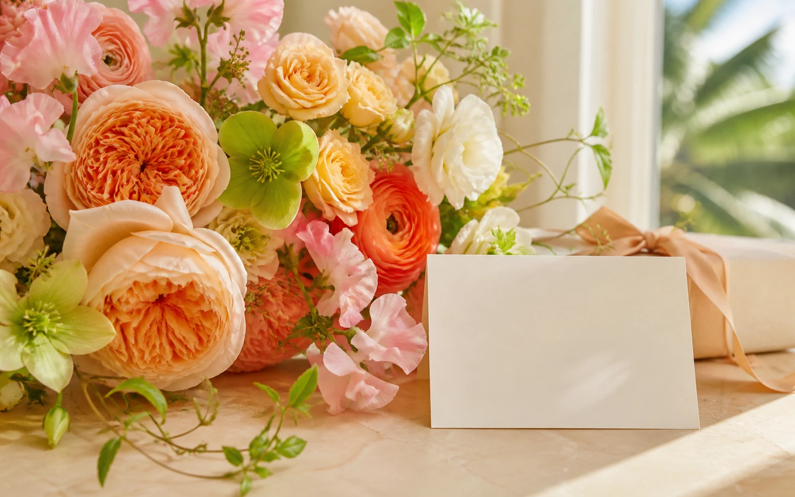 A warm peach, coral, yellow, and blush arrangement beside a blank cream card.