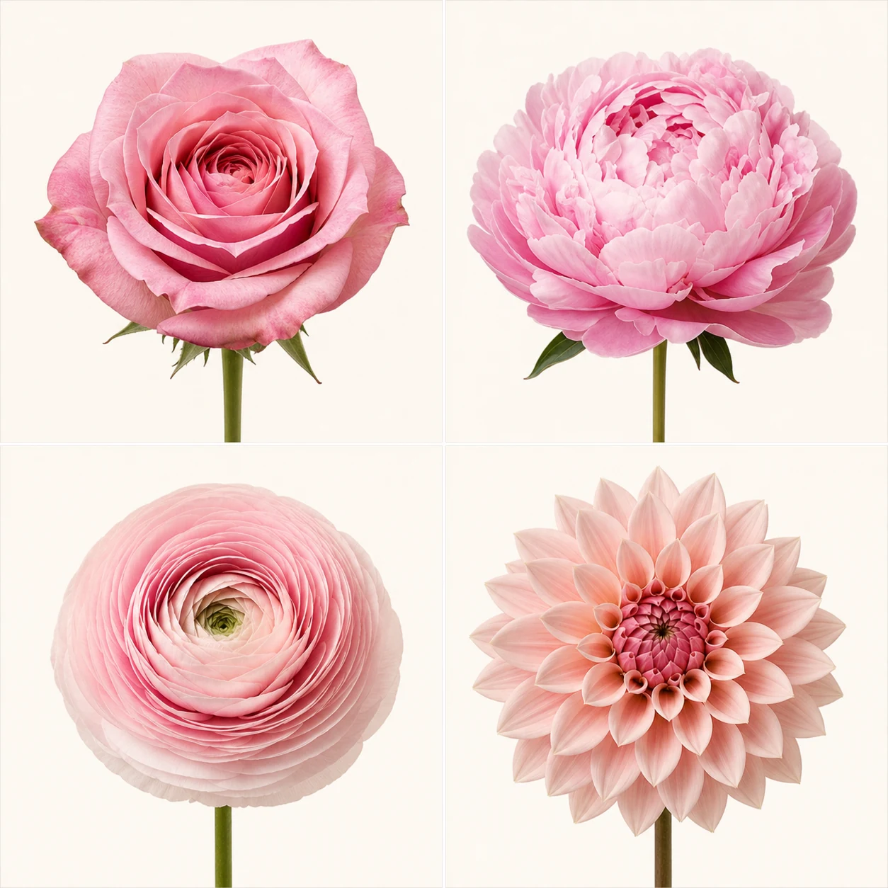 Four-flower identification panel showing rose, peony, ranunculus, and dahlia