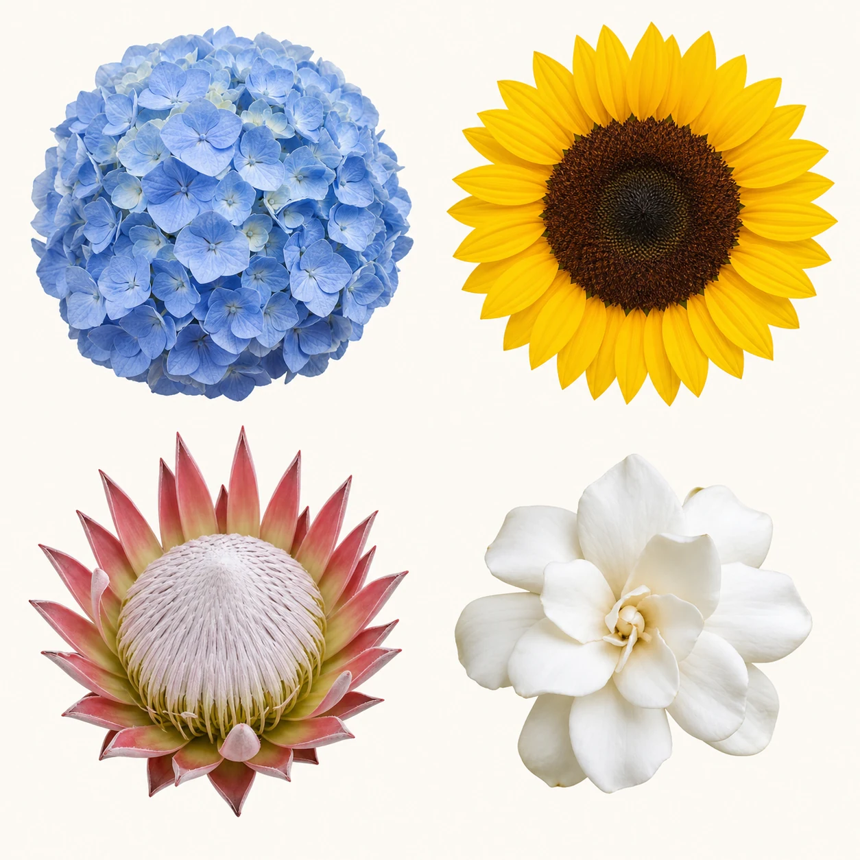Four-flower identification panel showing hydrangea, sunflower, protea, and gardenia
