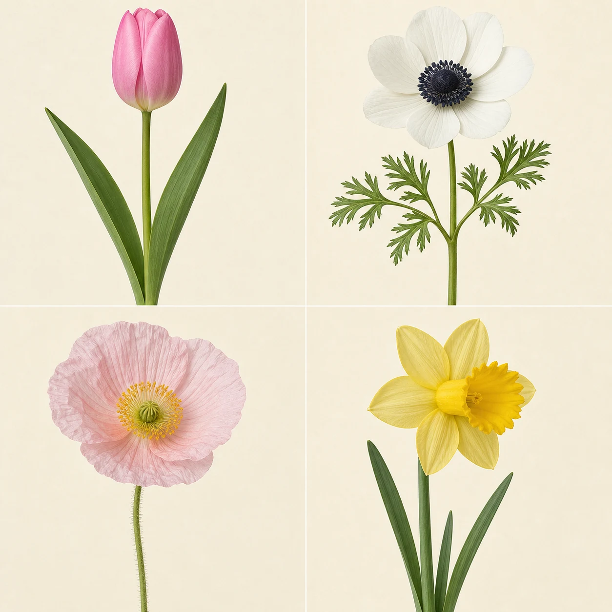 Four-flower identification panel showing tulip, anemone, poppy, and daffodil