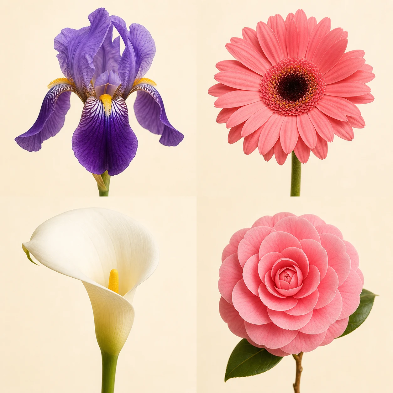 Four-flower identification panel showing iris, gerbera, calla lily, and camellia