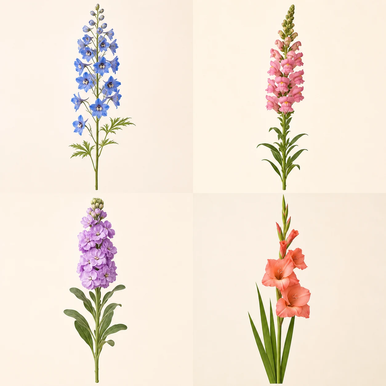 Four-flower identification panel showing delphinium, snapdragon, stock, and gladiolus