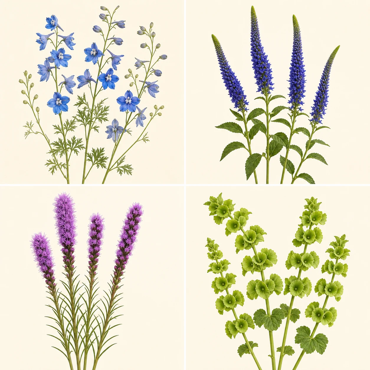 Four-flower identification panel showing larkspur, veronica, liatris, and Bells of Ireland