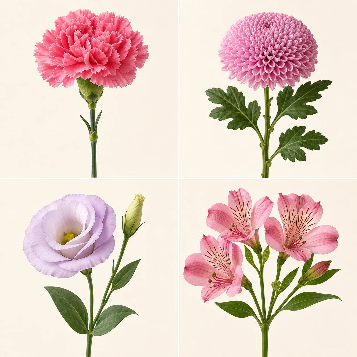 Four-flower identification panel showing carnation, chrysanthemum, lisianthus, and alstroemeria