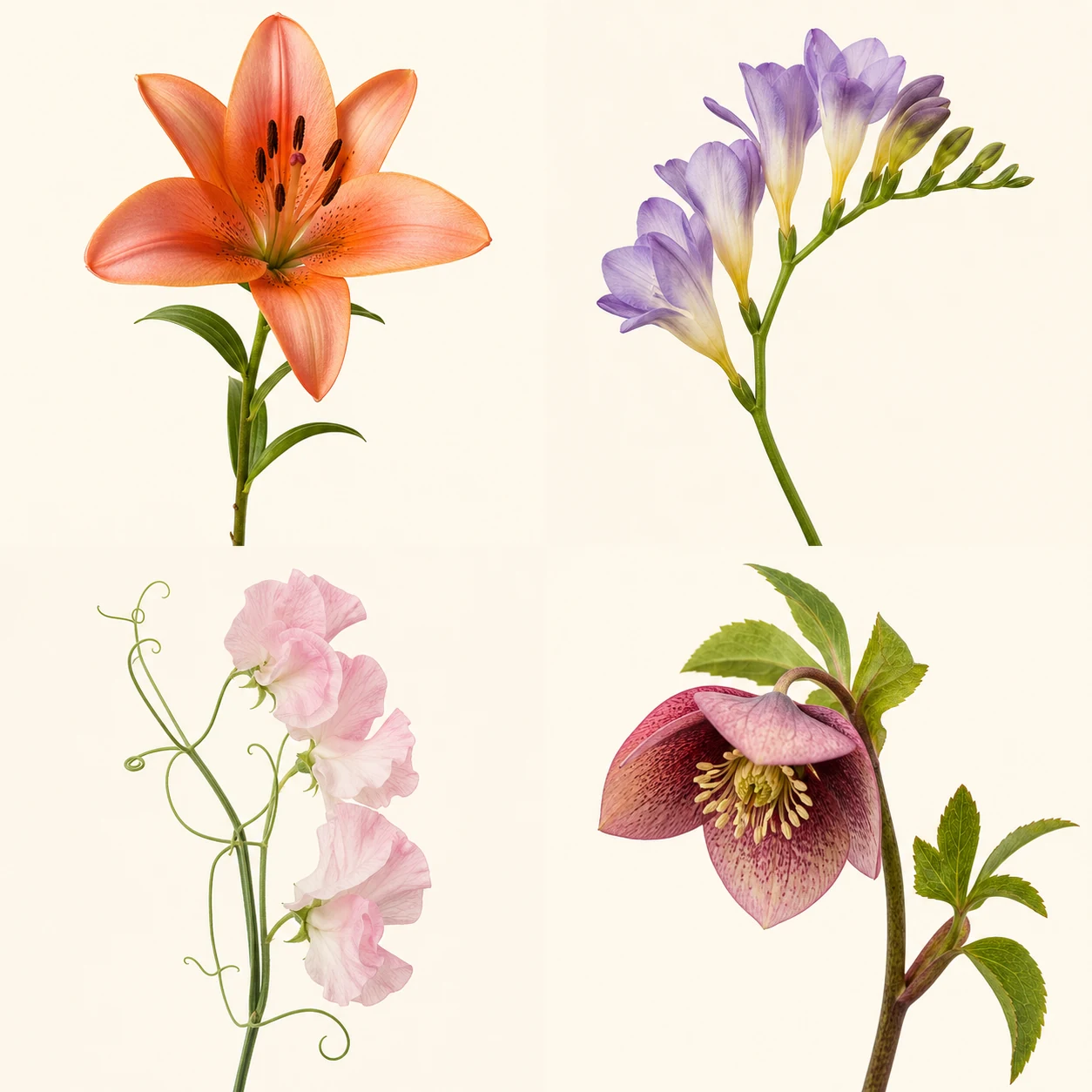 Four-flower identification panel showing Asiatic lily, freesia, sweet pea, and hellebore