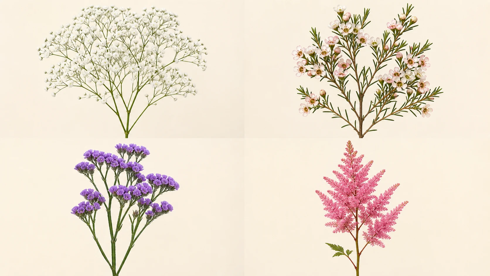 Four-flower identification panel showing baby's breath, waxflower, statice, and astilbe